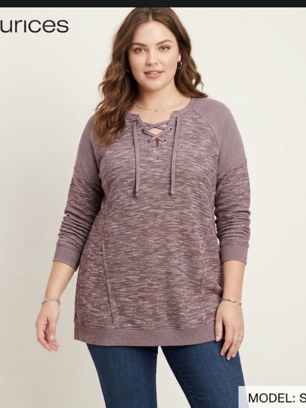Maurices Purple Lace-Up Tunic Sweater Mixed Media Ribbed Sleeve. Size 0